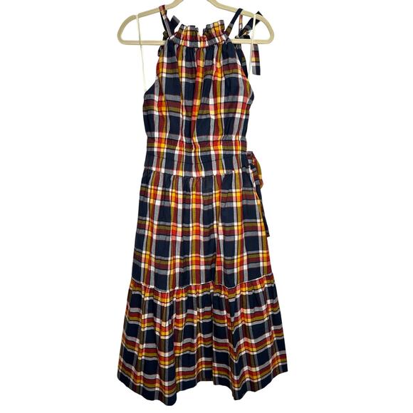 Kopal Heera Midi High Neck Halter Dress in Navy Plaid Madras Check NEW - Picture 4 of 10